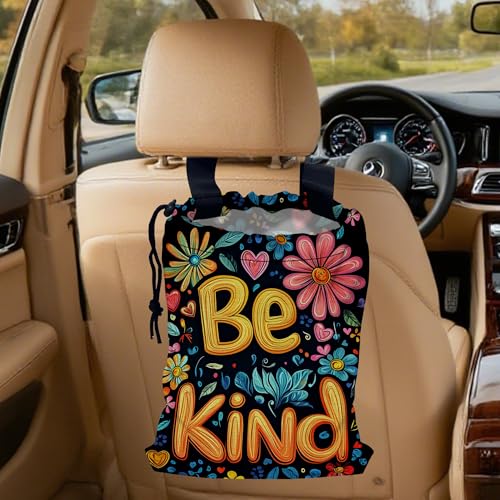 Be Kind Car Trash Bag,Watercolor Flowers Strap Drawstring Car Garbage Bags,Car Back Seat Organizer with Adjustable Buckle for Car Accessories - color: Be Kind