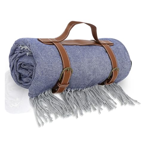 Picnic Blanket Extra Large Waterproof with Strap 59"x79" - Machine Washable Tassels Faux Wool Cashmere for Park, Grass, Camping, Hiking, Concerts (Blue, 59"X79") - color: Blue