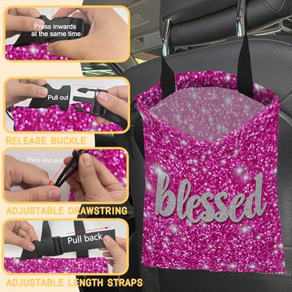 Blessed Car Garbage Bag,Pink Glitter Small Car Trash Bag Hanging Back of Seat,Drawstring Car Trash Bag with Adjustable Buckle,Car Accessories for Camping Travelling - color: Blessed
