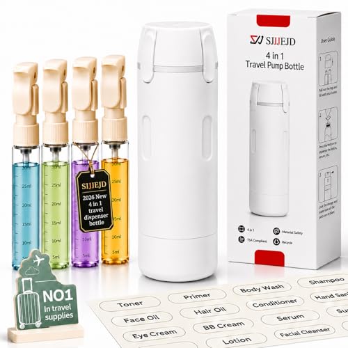 4 in 1 Travel Dispenser Bottle for Flying Essentials Camping Toiletries Pump Leak Proof Size TSA Travel Containers Portable Refillable Hard Shell Rotating Design with Scale and Labels (White) - color: White