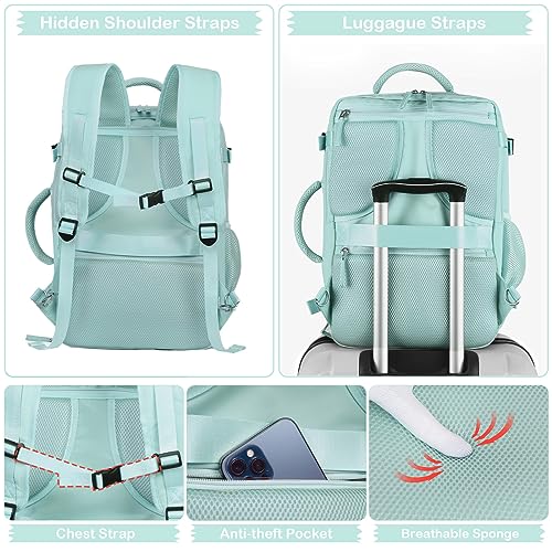 Hanples Large Travel Backpack for Women as Person Item Flight Approved, 35L Carry on Backpack, 17 Inch Laptop Backpack, Waterproof Backpack,Casual Bag with 2 Toiletry Bags (Mint Green) - color: Mint Green, size: Large