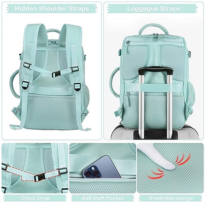 Hanples Large Travel Backpack for Women as Person Item Flight Approved, 35L Carry on Backpack, 17 Inch Laptop Backpack, Waterproof Backpack,Casual Bag with 2 Toiletry Bags (Mint Green) - color: Mint Green, size: Large