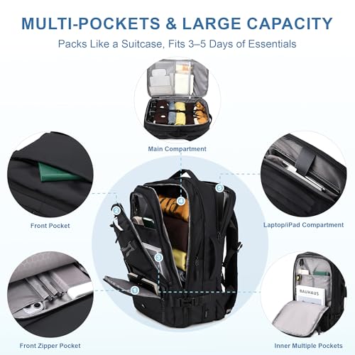 BAGOK Carry On Travel Backpack, 35L-40L Expandable Extra Large Airline Approved,Lightweight Daypack for Men and Women（Black） - color: Black, size: Large