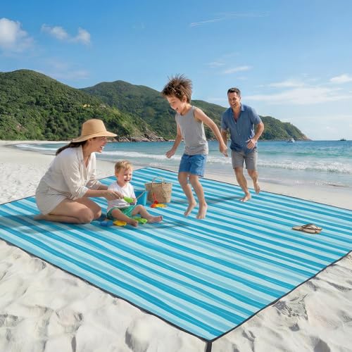 OIGAE Family Beach Blanket, 7×8 ft Sand-Free Picnic Mat for 1–4 People, Quick-Dry Lightweight Outdoor Blanket with Stakes & Corner Pockets, Blue Wave Stripes - color: Blue Wave Stripes, size: 7x8 Ft (2～5 person)