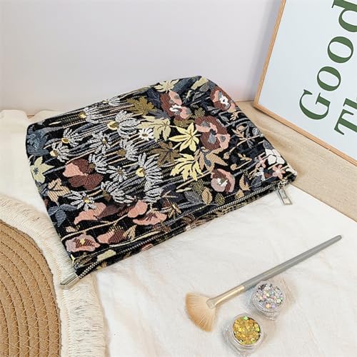 HAPPYHEIDI Cute Floral Makeup Bag Cosmetic Travel Pouch with Bottom and Zipper, Purse Make Up Organizer, Aesthetic Textured Fabric, Large - color: Classic Black Floral Large