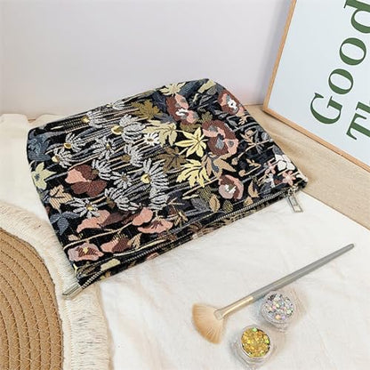 HAPPYHEIDI Cute Floral Makeup Bag Cosmetic Travel Pouch with Bottom and Zipper, Purse Make Up Organizer, Aesthetic Textured Fabric, Large - color: Classic Black Floral Large