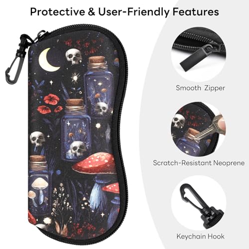 Sunglasses Case with Belt Clip, Ultra Light Neoprene Zipper Soft Padded Glasses Case for Women Men - color: Mushroom Skull
