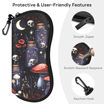 Sunglasses Case with Belt Clip, Ultra Light Neoprene Zipper Soft Padded Glasses Case for Women Men - color: Mushroom Skull
