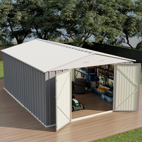 Devoko 10x12 FT Outdoor Storage Shed, Large Metal Storage Sheds with Lockable Door, Utility Garden Tool Shed with Sloping Roof, Outside Steel Storage Sheds for Patio Lawn Backyard, Gray - color: Gray, size: 10x12 FT without Floor Frame
