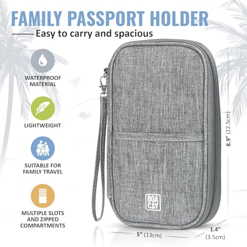 BOACAY Travel Document Organizer with RFID, Family Passport Holder, Wallet for Women & Men, Portable & Waterproof Case for Cards, Boarding Pass, Money - color: Quartz Gray