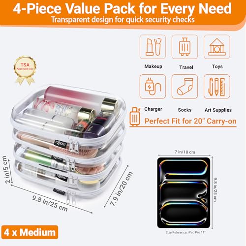 YQBRAO 4-Pack Clear Diaper Bag Organizer Pouches, 1.2mm Ultra-Thick PET Travel Pouches for Toiletries & Makeup, Rigid Self-Standing Bags with YKK Zippers, TSA Approved - color: White, size: 4 Pack(M)