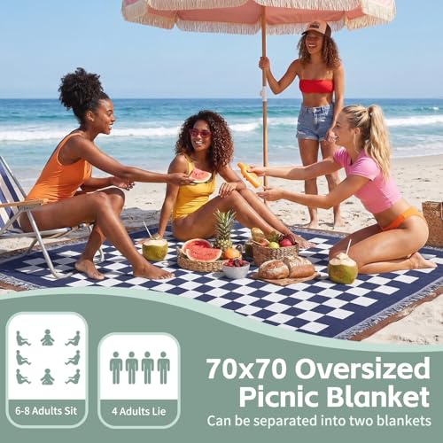 2 in 1 Extra Large Boho Beach Blanket Towel Giant Woven Outdoor Rug Picnic Mat Camping Gear Cruise Essential 2026 Summer Vacation Must Have Airplane Travel Accessories Costa Bahamas Hawaii Trip Stuff - color: Checkered Blue