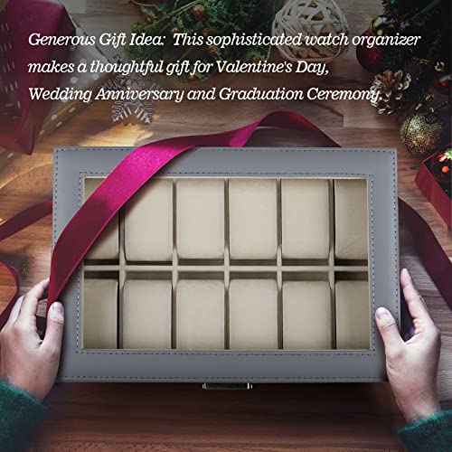 Watch Box 12 Slots, PU Leather Jewelry Box with Acrylic Top, Gray Display Case Organizer for Men and Women