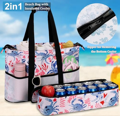 JIANYA Beach Bag Women Waterproof Sandproof Beach Tote Bags with Cooler Top Zipper Large Totes for Pool Travel Daily - color: Blue Crab