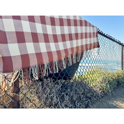Picnic Blanket Extra Large Waterproof with Strap 59"x79" - Machine Washable Tassels Faux Wool Cashmere for Park, Grass, Camping, Hiking, Concerts (Coffee Plaid, 59"X79") - color: Coffee Plaid