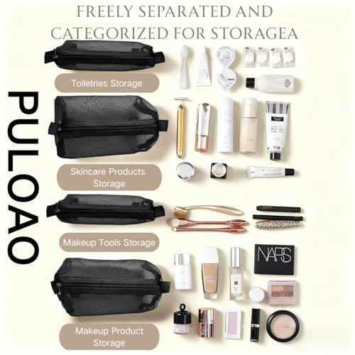 4 in 1 Detachable Roll Up Makeup Bag, Travel Make up Bag Large Capacity, Portable Toiletry Organizer with Mesh Pockets, Foldable Cosmetic Case for Travel, Gym, Home (Black)