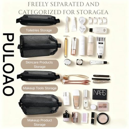 4 in 1 Detachable Roll Up Makeup Bag, Travel Make up Bag Large Capacity, Portable Toiletry Organizer with Mesh Pockets, Foldable Cosmetic Case for Travel, Gym, Home (Black)