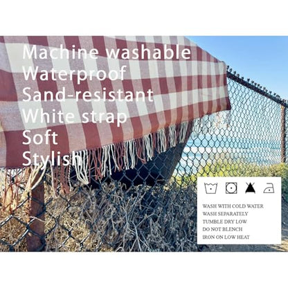 Picnic Blanket Extra Large Waterproof with Strap 59"x79" - Machine Washable Tassels Faux Wool Cashmere for Park, Grass, Camping, Hiking, Concerts (Latte with white shoulder strap, 59"X79") - color: Latte With White Shoulder Strap
