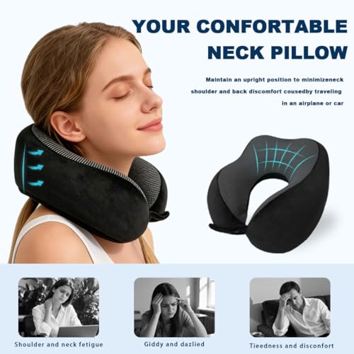 Memory Foam Travel Neck Pillow for Airplane – 360° Ergonomic Neck Support Pillow with Adjustable Fit, Breathable Washable Cover, Travel Pillow Set with Eye Mask, Earplugs & Storage Bag
