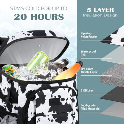 Tuwubi Cooler Backpack 35/42 Cans, Backpack Coolers Insulated Leak Proof for Men Women, Waterproof Soft Sided Lunch Camping Beach Travel Ice Chest Backpack Cooler Bag - color: Cow Print, size: Medium