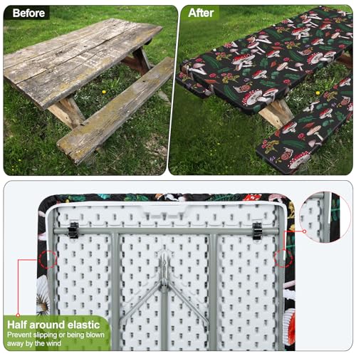 Picnic Table Cover with Bench Covers 6FT 3 Pcs Waterproof Windproof Aesthetic Camping Tablecloth with Drawstring Bag, Fitted for 6 Foot Rectangle Tables and Seats, 72 inch, Black Green Red - color: Black Green Red