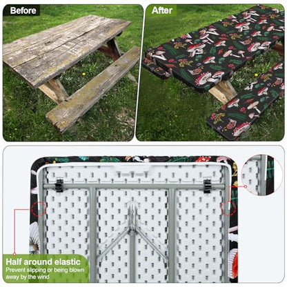 Picnic Table Cover with Bench Covers 6FT 3 Pcs Waterproof Windproof Aesthetic Camping Tablecloth with Drawstring Bag, Fitted for 6 Foot Rectangle Tables and Seats, 72 inch, Black Green Red - color: Black Green Red