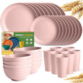 Teivio 32-Piece Kitchen Plastic Wheat Straw Dinnerware Set, Service for 8, Dinner Plates, Dessert Plate, Cereal Bowls, Cups, Unbreakable Colorful Plastic Outdoor Camping Dishes, Pink - color: Pink