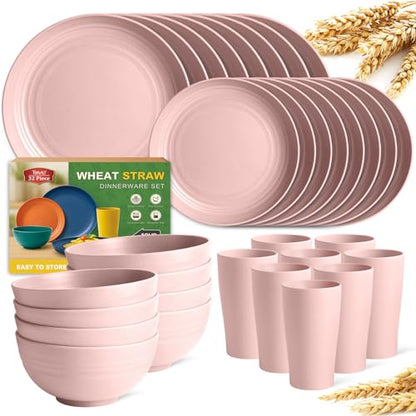 Teivio 32-Piece Kitchen Plastic Wheat Straw Dinnerware Set, Service for 8, Dinner Plates, Dessert Plate, Cereal Bowls, Cups, Unbreakable Colorful Plastic Outdoor Camping Dishes, Pink - color: Pink