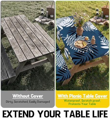 Picnic Table Cover with Bench Covers Tablecloth Glamping Essentials Gear Table Cloth Outdoor Summer Motorhome Cool Fun Unique Ideas Gifts for Camper Camping Lovers RV Owner Family Couple Dad Men Male - color: Blue White Leaves, size: 72in
