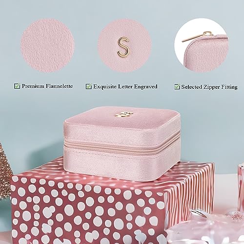 VLANDO Small Travel Jewelry Box Organizer Display Case for Rings Earrings Necklaces Storage, Selected Soft Velvet, Letter S Engraved, Pink - color: b. Powder Pink S
