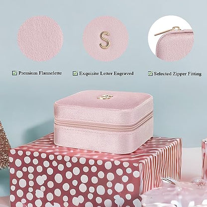 VLANDO Small Travel Jewelry Box Organizer Display Case for Rings Earrings Necklaces Storage, Selected Soft Velvet, Letter S Engraved, Pink - color: b. Powder Pink S
