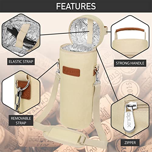 opux Wine Bag Single Bottle Carrier Tote, Insulated Wine Cooler Bag for Travel Picnic Beach with Shoulder Strap, Thermal One Bottle Holder Carrying Case Wine Gift for Women Men, Beige Cream - color: Cream Beige