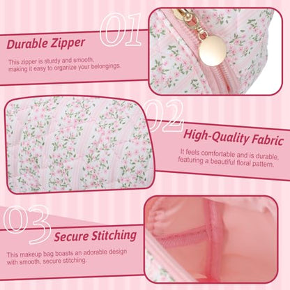 Floral Flowers Toiletry Organizer Makeup, Cute Floral Cotton Makeup Brush Cosmetic Bag Flowers Toiletry Organizer Case Cute Quilted Cotton Pouch for Women (Pink)