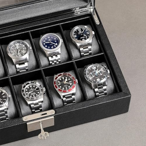 ROTHWELL 10 Slot Leather Watch Box - Luxury Case Display Jewelry Organizer - Locking Watch Display Case Holder with Large Glass Top - Box Organizer for Men and Women (Black/Grey) - color: Black / Grey
