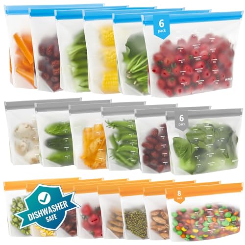 IDEATECH Reusable Bags Dishwasher Safe, BPA Free Reusable Gallon Freezer Bags, Stand Up Leakproof Food Storage Bags for Marinate Meats, Salad Fruit, Home Organization 6 Large+ 6 Sandwich+ 8 Snack Bags - color: Multicolor (6 Gallon + 6 Sandwich + 8 Snack)