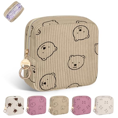 Period Bag for Teen Girls, Corduroy Sanitary Napkin Storage Bag, Menstrual Pad Pouches Tampon Holder for Purse (Bears-Khaki) - color: Bears-khaki