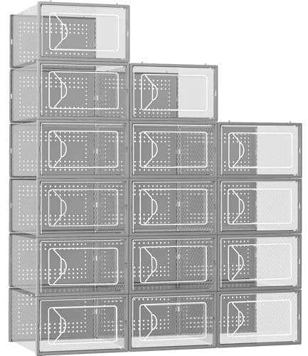 Foluck Shoe Storage Box, 15 Pack Clear Plastic Stackable Organizer for Closet, Interlocking Design Shoes Container Bins for Sneakers, Foldable Shoe Rack with Lids, Grey - color: Grey