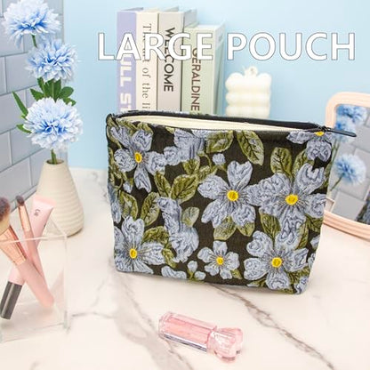 PAZIMIIK Makeup Bag Large Cotton Zipper Pouch for Purse Travel Canvas Make Up Organizer for Women Cosmetic,Brocade Flower Black - color: Brocade Flower Black