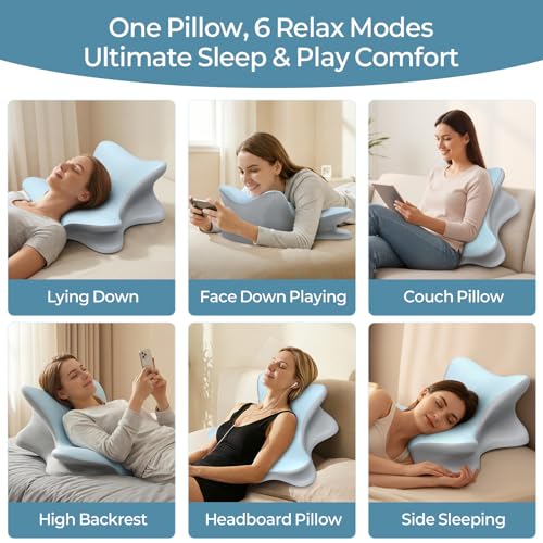 Cervical Neck Pillow for Pain Relief, Ergonomic Reading Pillow for Bed, Orthopedic Wedge Pillow Back Support Pillow, Contour Memory Foam Pillows for Sleeping, Couch Floor Use Lying Reading (Blue)