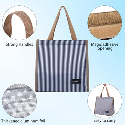 Insulated Lunch Bag for Work, 10.2"x5.9"x10.2" Oxford Waterproof Striped Canvas Tote Bag - color: Blue White