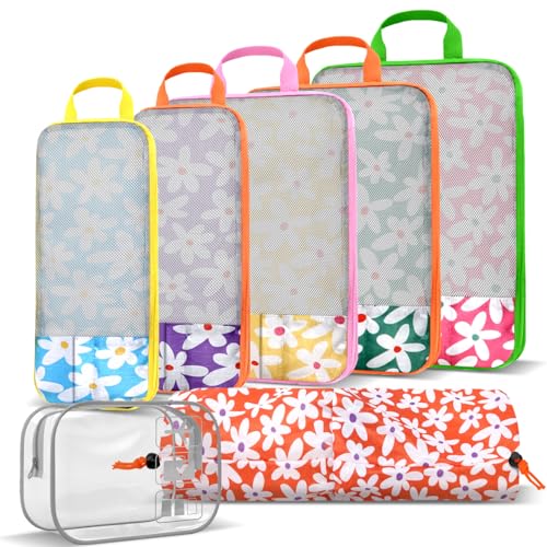 7 Piece Daisy Flower Compression Packing Cube Bundle - Slim Design Travel Organizers with Transparent Toiletry Bag - Multi-Size Luggage Organizer Essentials - color: Black-5