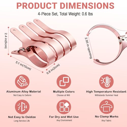 4 PCS Extra Large Beach Towel Clips,5.1 Inches Heavy Duty Aluminum Alloy + Stainless Steel Clip for Chairs,2.95 Inch Opening,Portable Windproof Cruise Ship Essentials,for Laundry,Camping and Travel - color: Pink