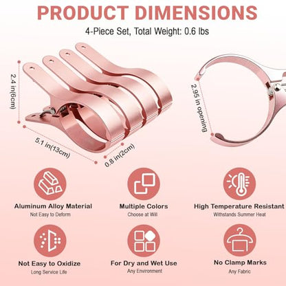 4 PCS Extra Large Beach Towel Clips,5.1 Inches Heavy Duty Aluminum Alloy + Stainless Steel Clip for Chairs,2.95 Inch Opening,Portable Windproof Cruise Ship Essentials,for Laundry,Camping and Travel - color: Pink