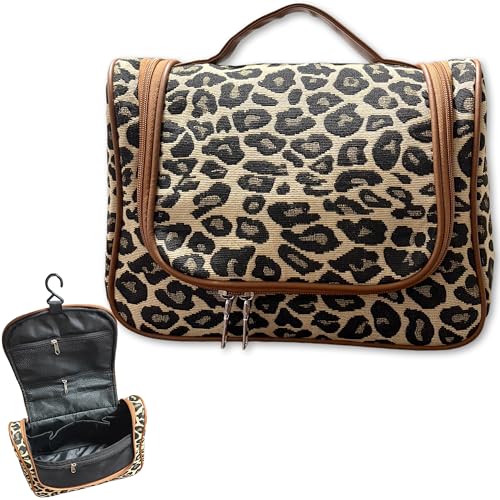 Vintage Makeup Bag for Women Portable Retro Checkered Pattern Cosmetic Organizer Patchwork Style Pillow Storage Pouch Skincare Storage Bag Large Capacity Elegant Handbag (Brown Leopard-M) - color: Brown Leopard-M