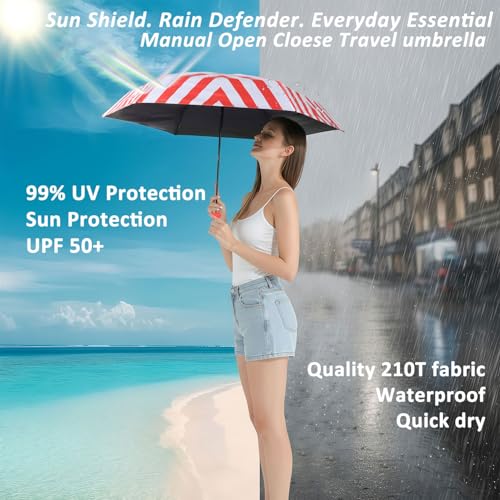 BAODINI Travel Essentials Mini Umbrella for Purse With Case Small Compact UV Sun Protection Lightweight Tiny Pocket Manual Open Close Umbrella for Women Kids and Men Fits Purse Backpack - color: H-1-red stripes