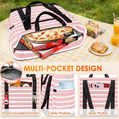 Cooler Bag Insulated, Soft Side Cooler, Reusable Grocery Bags with Zipper Closure, Thermal Leakproof Large Insulated Tote Bag for Hot/Cold Food for Grocery, Beach, Travel, Picnic - color: Pink and White