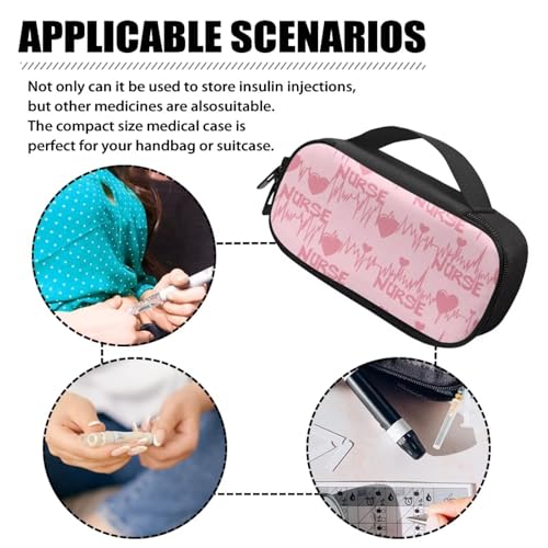 Pink ECG Print Diabetes Travel Case for Blood Sugar Monitor, Diabetic Medication Insulated Cool Organizer with 2 Zipper + 2 Inner Compartments for Travel Essential - color: Nurse Pink Ecg