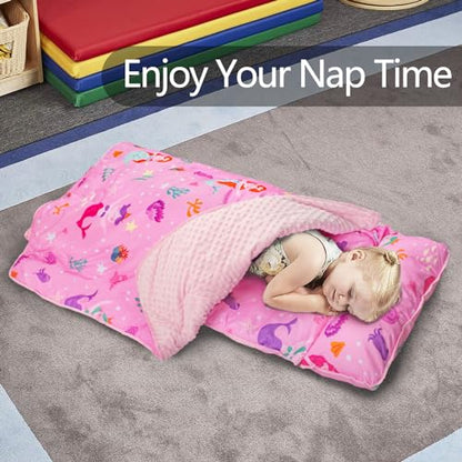 Primlect Toddler Nap Mat Extra Large Thickened 55''x35'', Soft Sleeping Bag with Detachable Minky Blanket and Pillow, Portable for Daycare, Preschool, Kindergarten, Travel, Boys and Girls - color: Pink Mermaid
