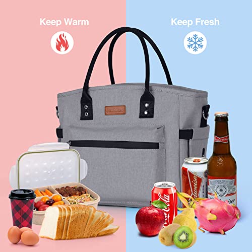 Insulated Lunch Bag for Women Men,Adult Lunch Box for Women with Adjustable Shoulder Strap,Portable Large Lunch Tote Bag for Office Work Picnic Beach,Reusable Lunch Cooler Bag - color: Gray