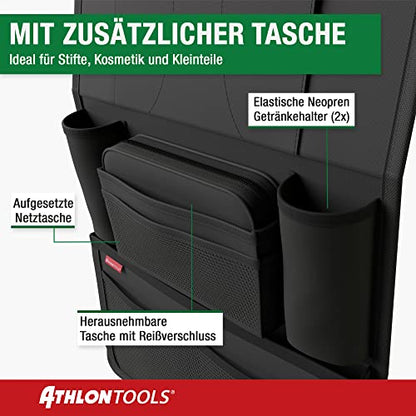 ATHLON TOOLS car seat organizer with integrated tablet holder - Reinforced back - with extra pen pocket - for business and children - Designed in Germany
